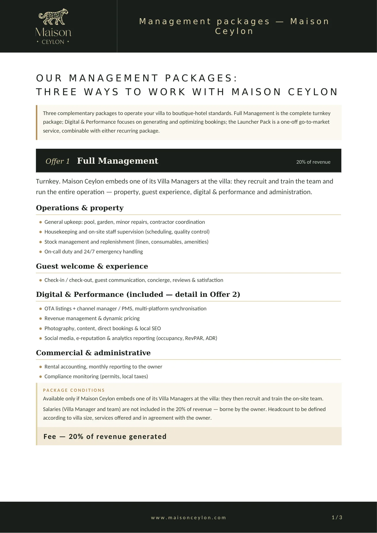 Cover of the Maison Ceylon management packages PDF