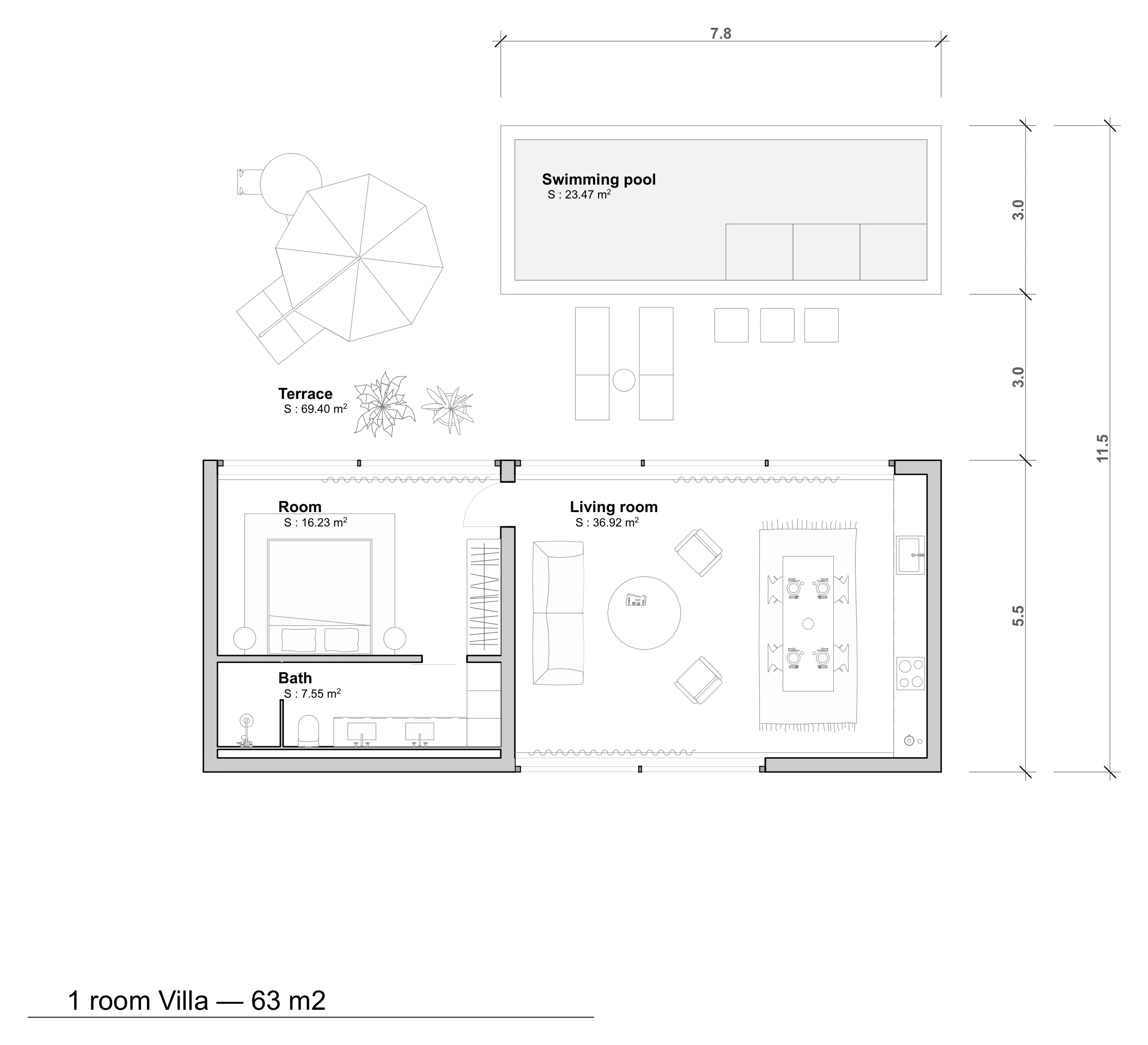 Architecture floor plan of the 1-bedroom villa (63 m²)