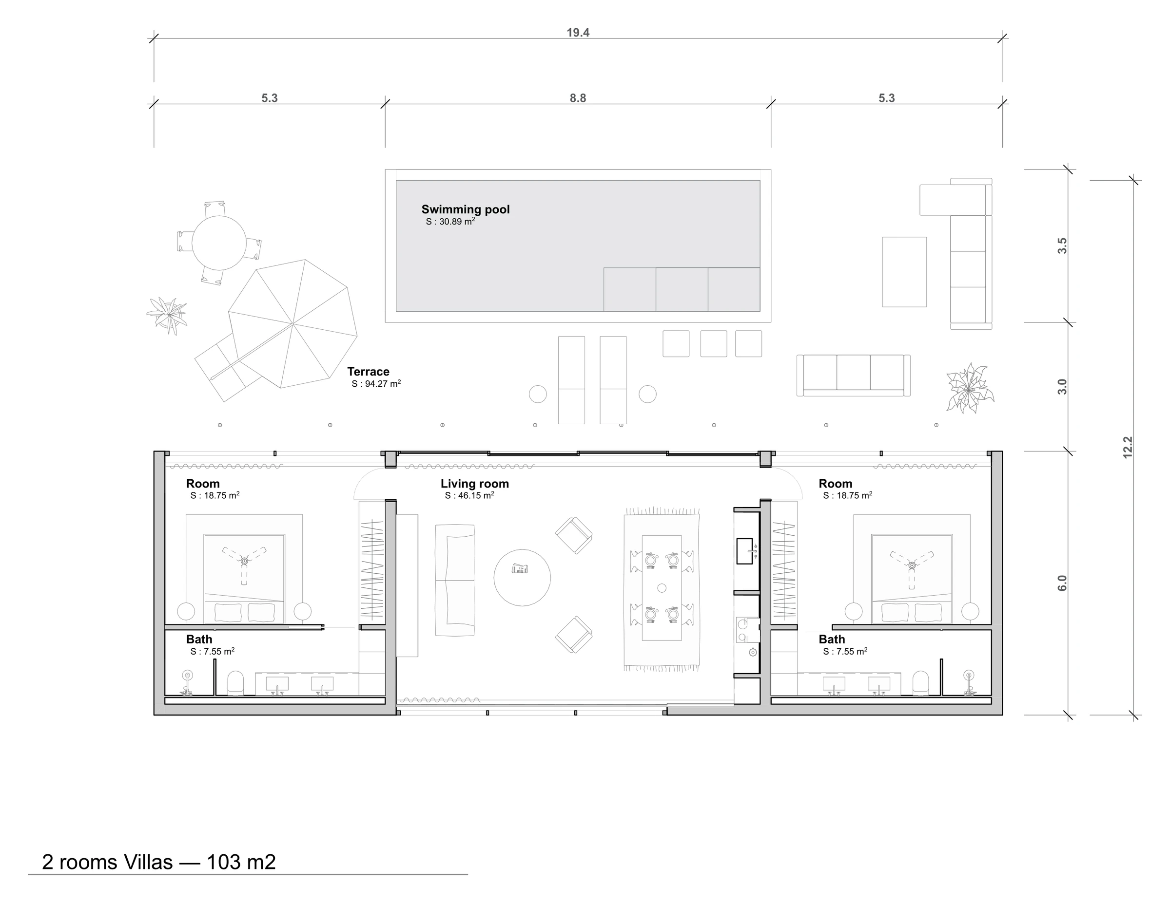 Architecture floor plan of the 2-bedroom villa (103 m²)