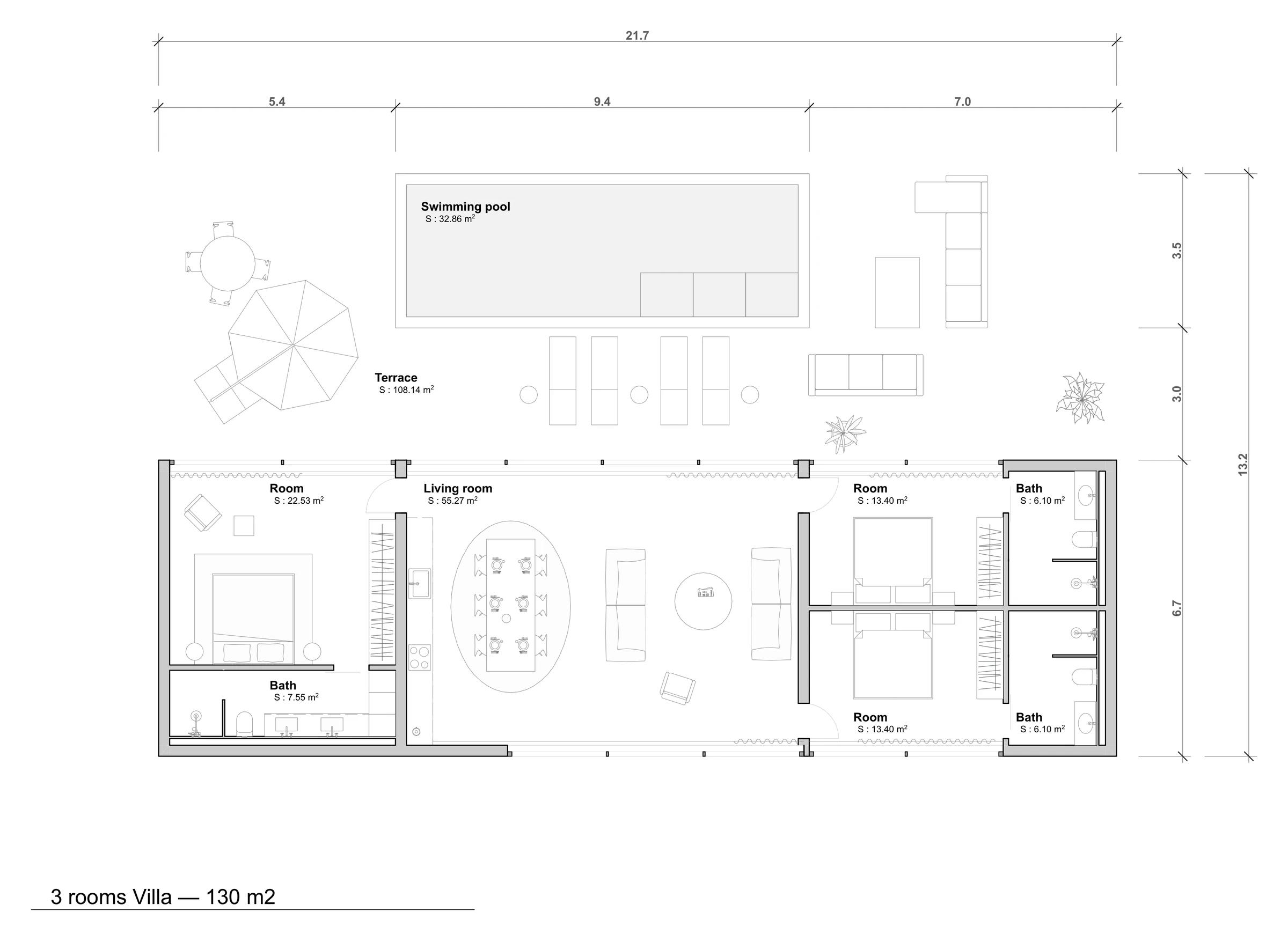 Architecture floor plan of the 3-bedroom villa (130 m²)