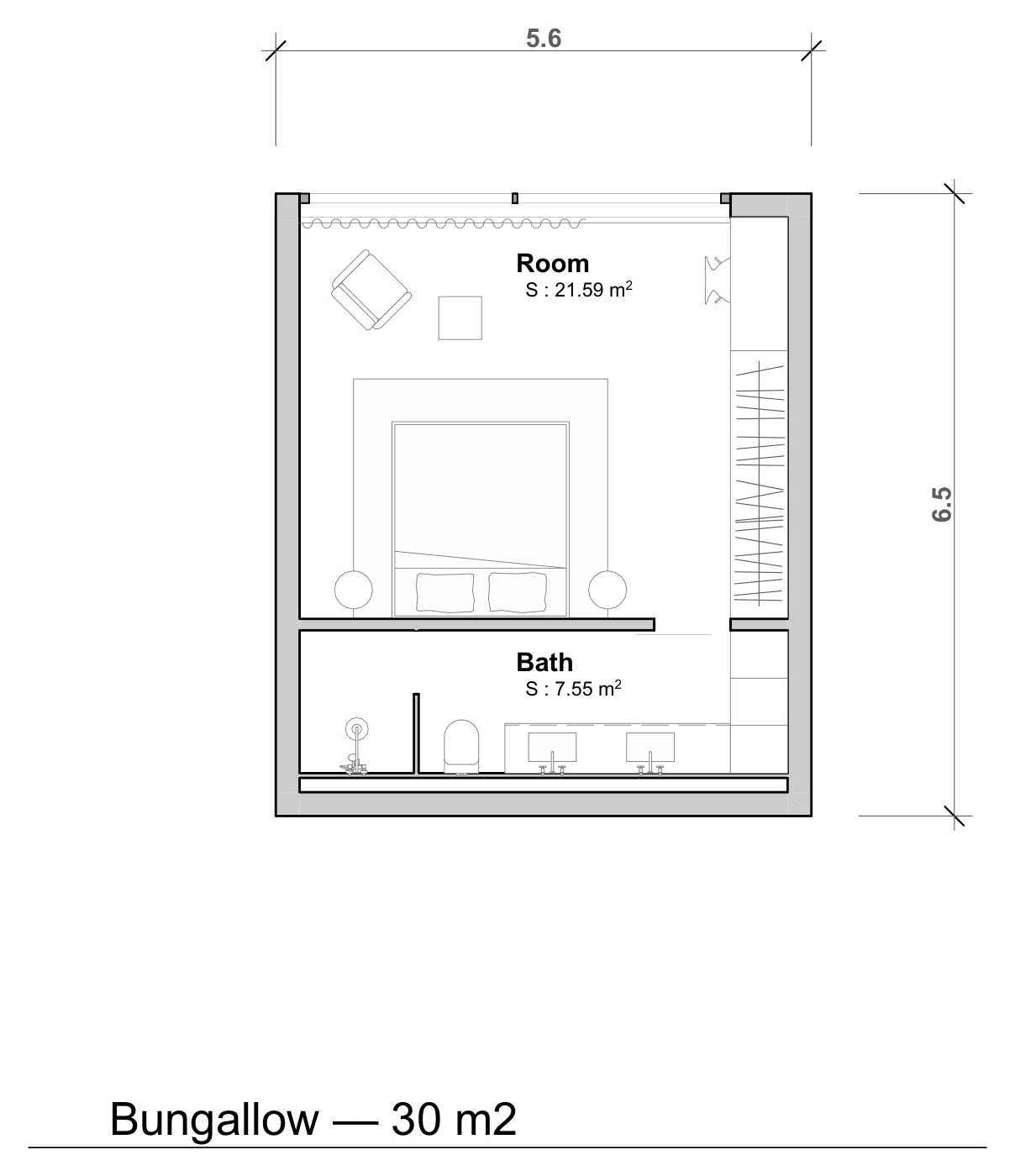 Architecture floor plan of the 30 m² Ithiri bungalow