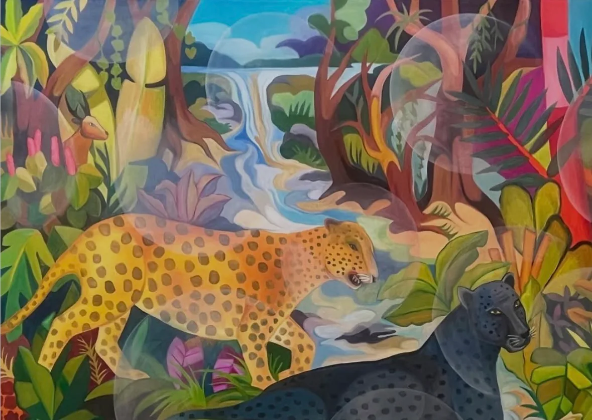 Painting of Sri Lankan wildlife and jungle, a leopard and black panther by a waterfall