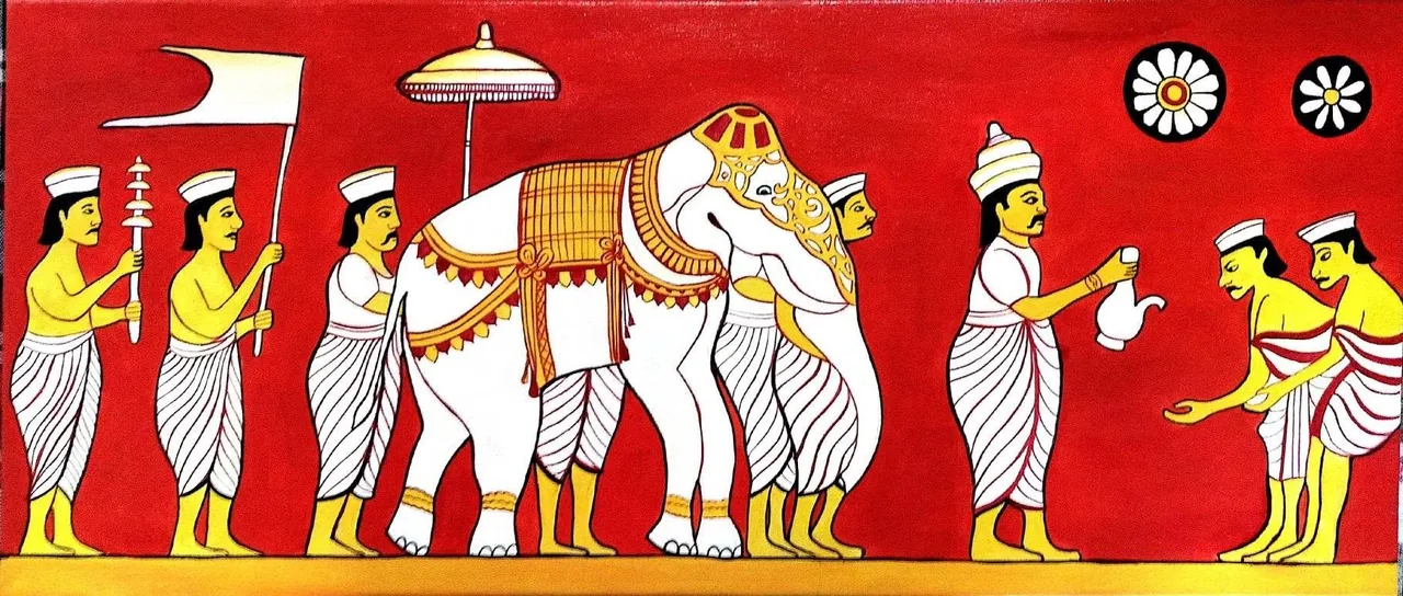 Traditional Sri Lankan painting of a Kandyan perahera procession with a ceremonial elephant