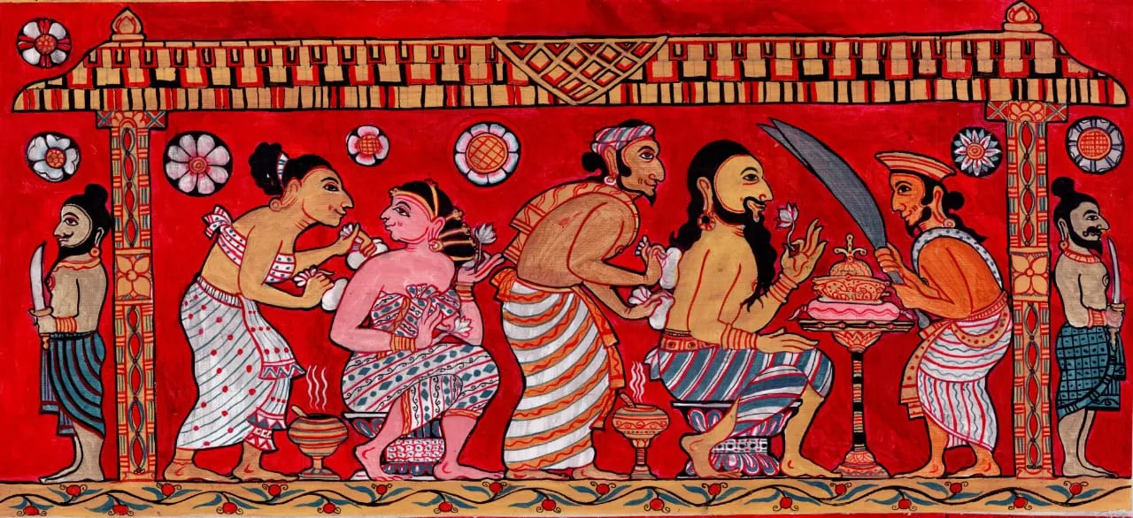 Traditional Sri Lankan painting of a ceremonial feast and dancers
