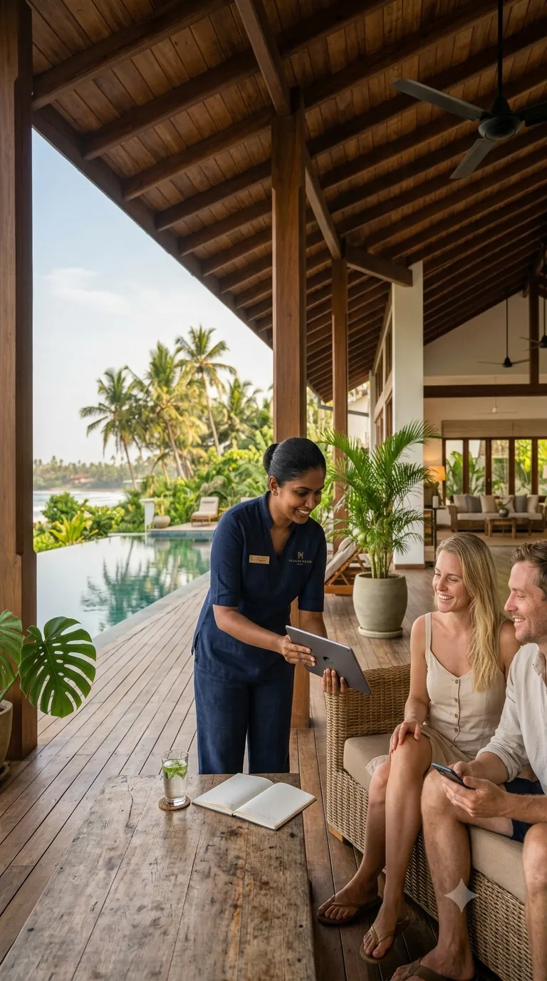 Maison Ceylon host welcoming guests with a tablet on a villa deck overlooking the pool and ocean