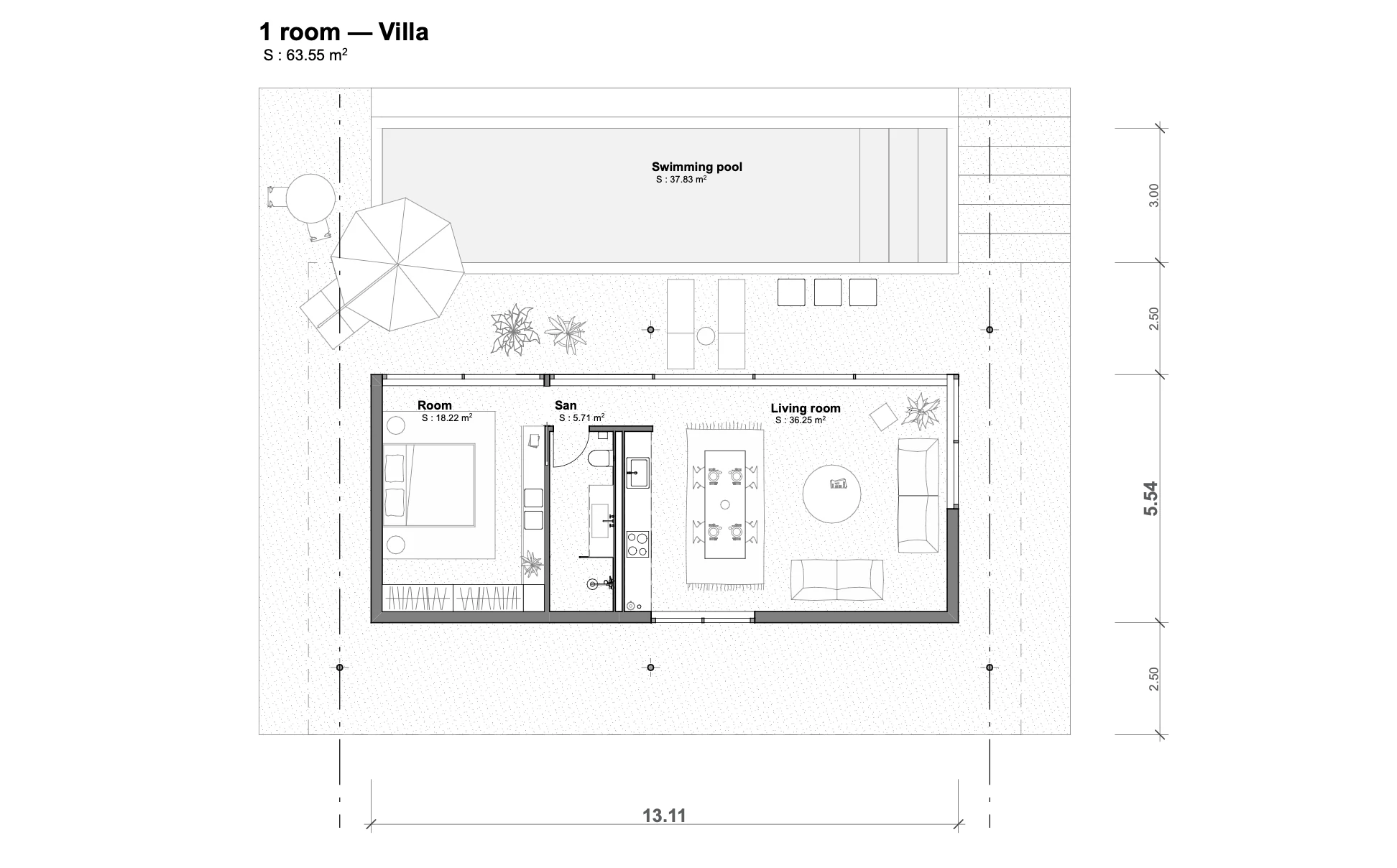 Plan d’architecte de la villa 1 chambre (63,55 m²)
