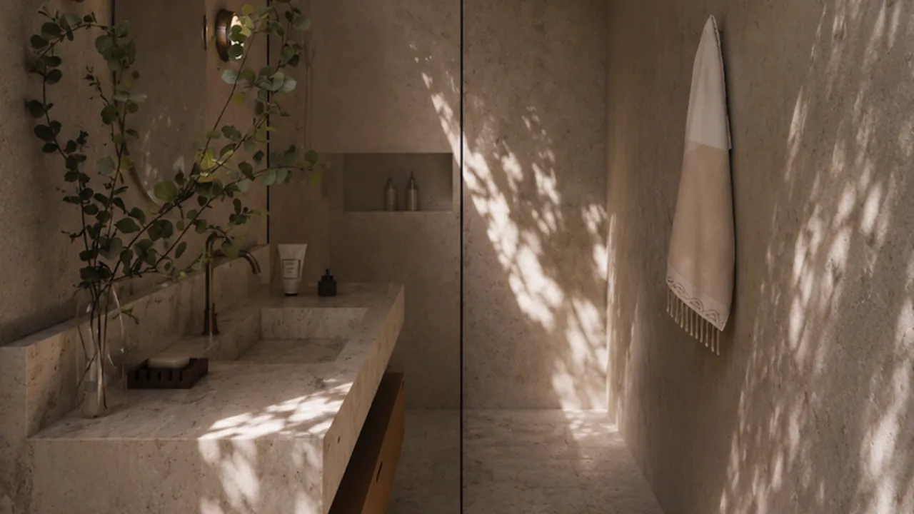 Salle de bain en micro-béton avec vasque en pierre et lumière naturelle dans la villa 1 chambre