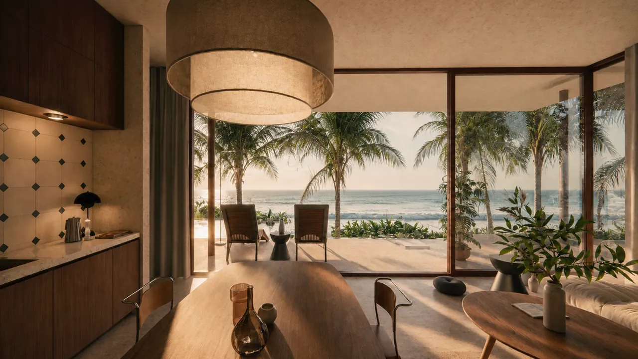 Pièce de vie de la villa 1 chambre avec vue mer directe à travers les palmiers, côte sud du Sri Lanka