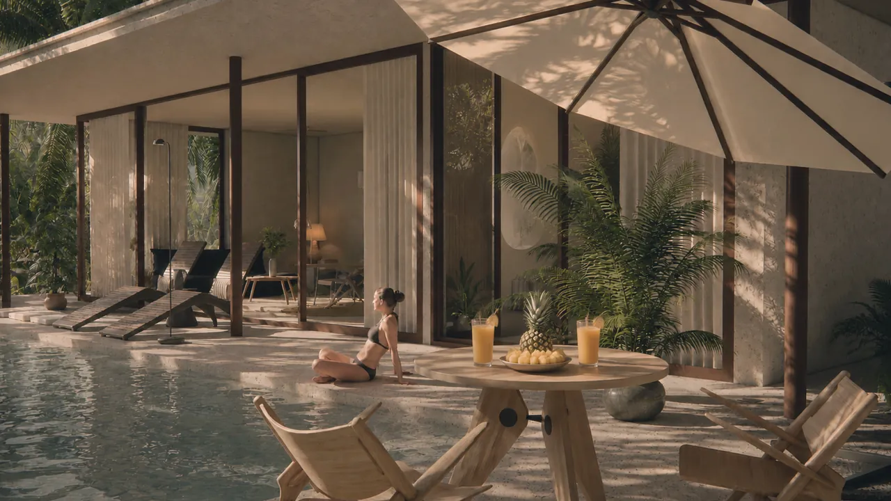 Piscine privée et terrasse ombragée de la villa 1 chambre, transats et végétation tropicale