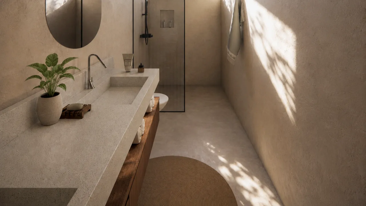 Microcement bathroom of the 2-bedroom villa with cast-stone vanity and walk-in rain shower