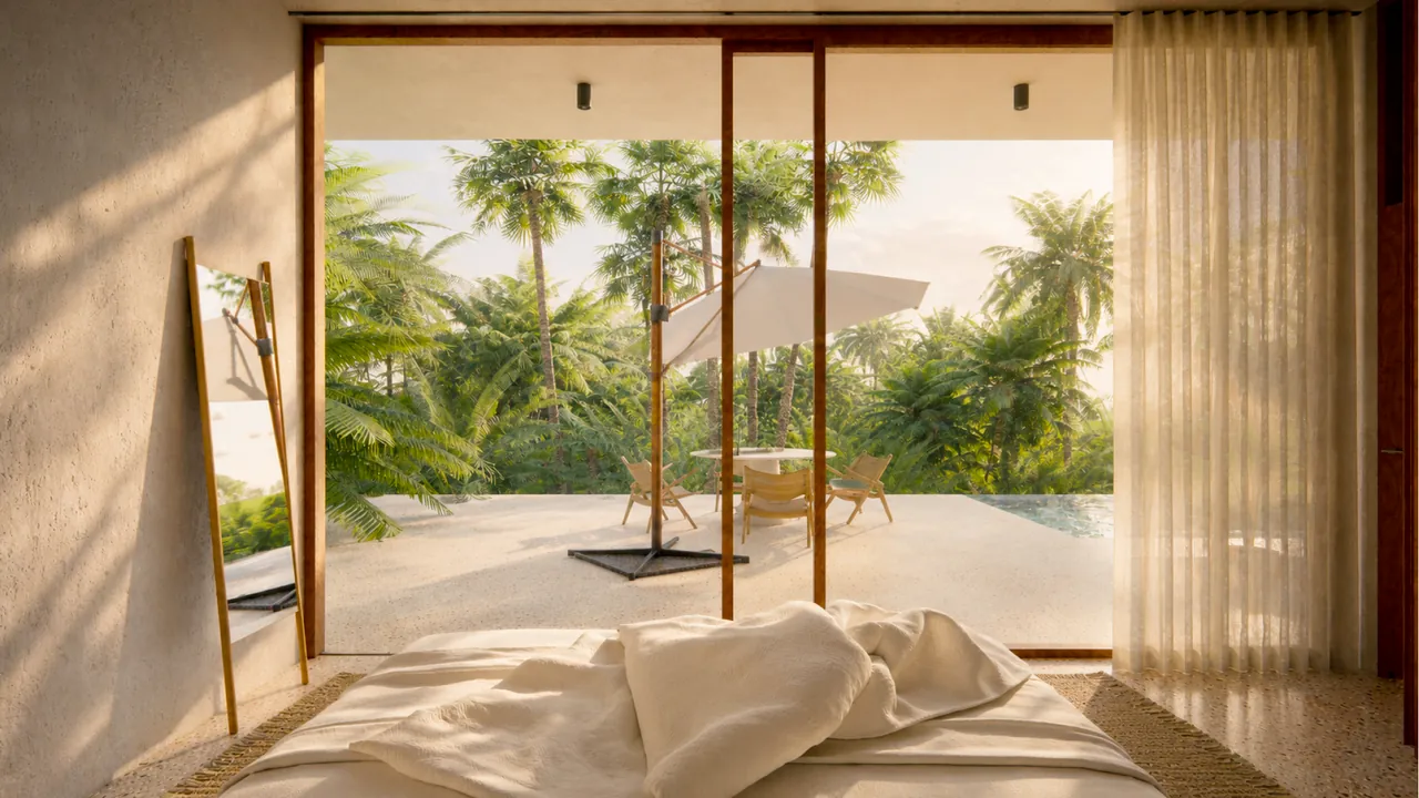 Master bedroom of the 2-bedroom villa with floor-to-ceiling sliding doors opening onto the pool terrace and palms