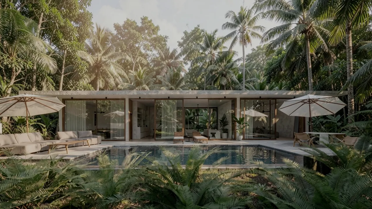 Exterior of the Villa Senehasa 2-bedroom off-plan villa in Sri Lanka with private pool framed by coconut palms