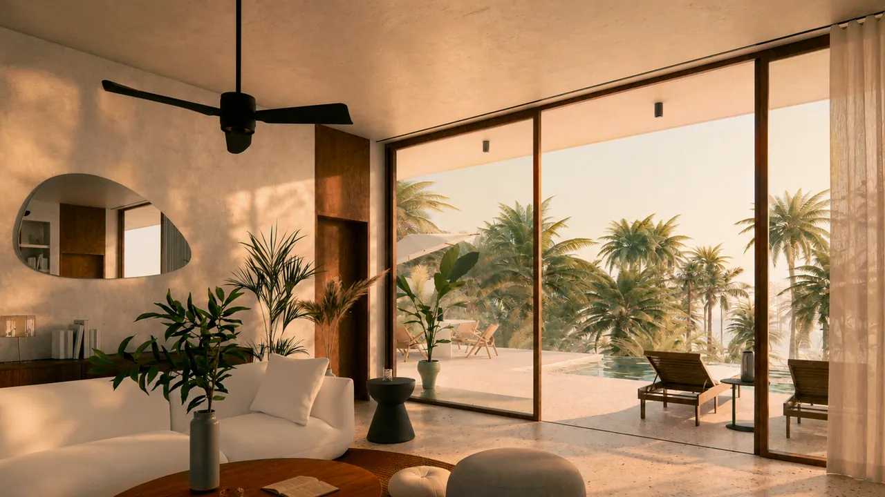 Villa Senehasa, living room of the 2-bedroom villa opening onto the pool and tropical garden, south coast of Sri Lanka