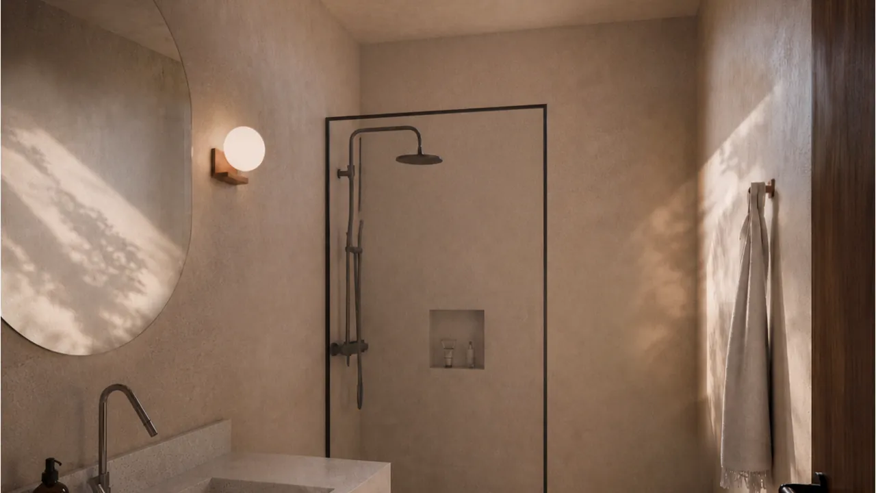 Microcement bathroom of the 3-bedroom villa with cast-stone vanity and walk-in rain shower
