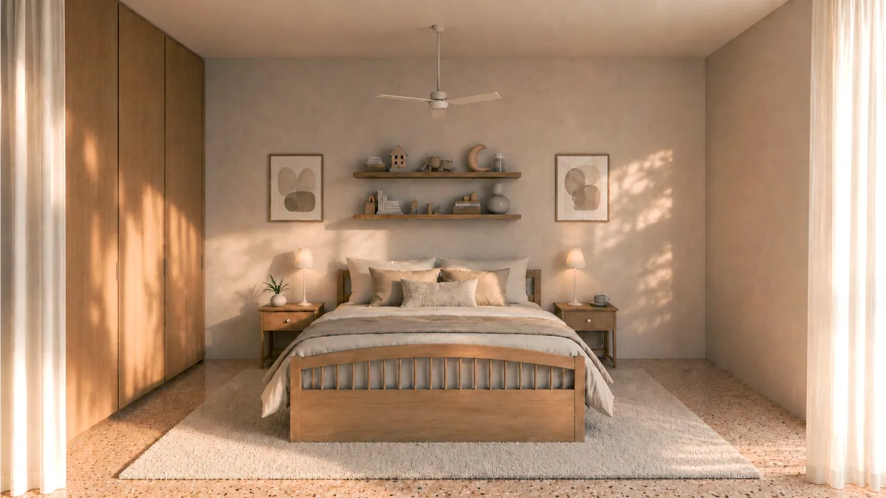 Master bedroom of the 3-bedroom villa with floor-to-ceiling sliding doors opening onto the pool terrace and palms